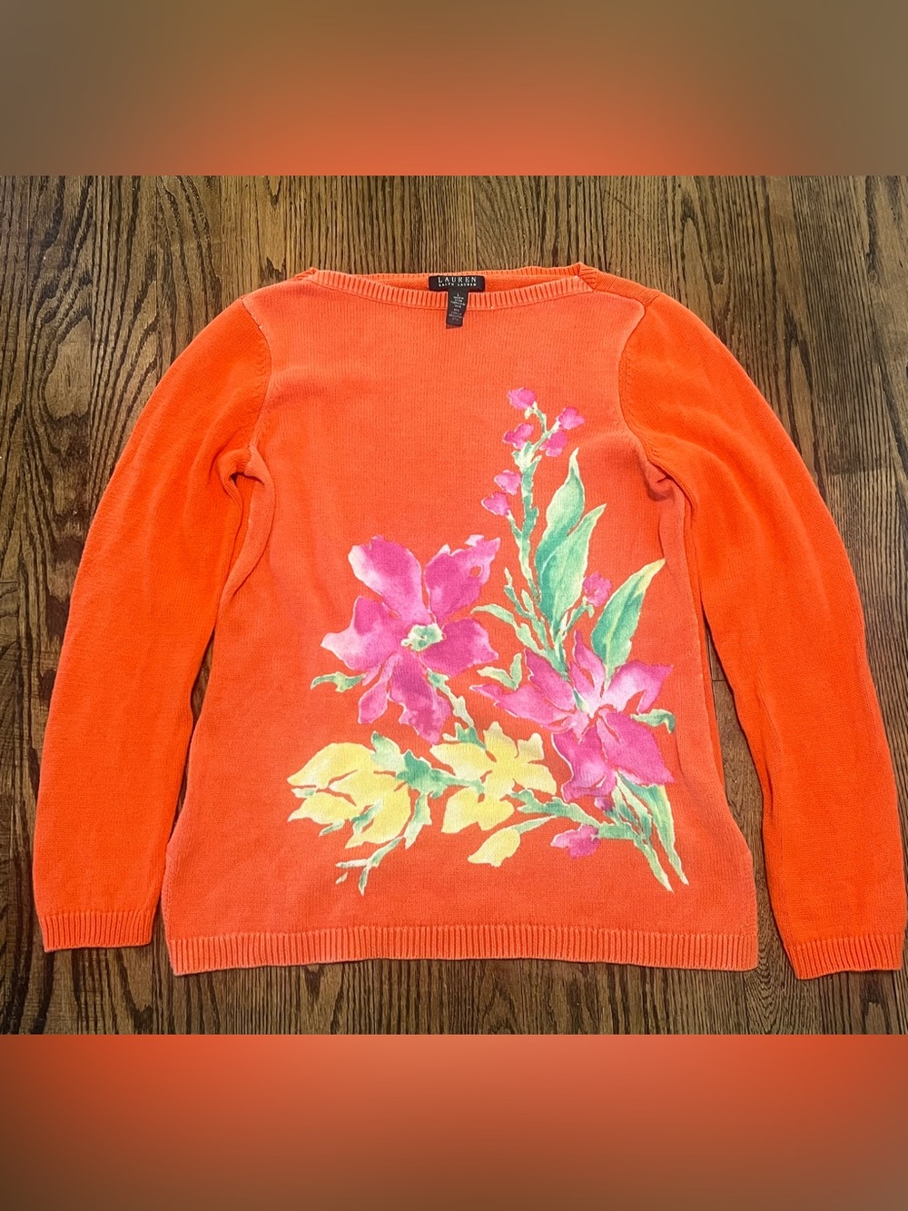 Ralph Lauren Orange Crewneck Sweater with Pink & Yellow Floral